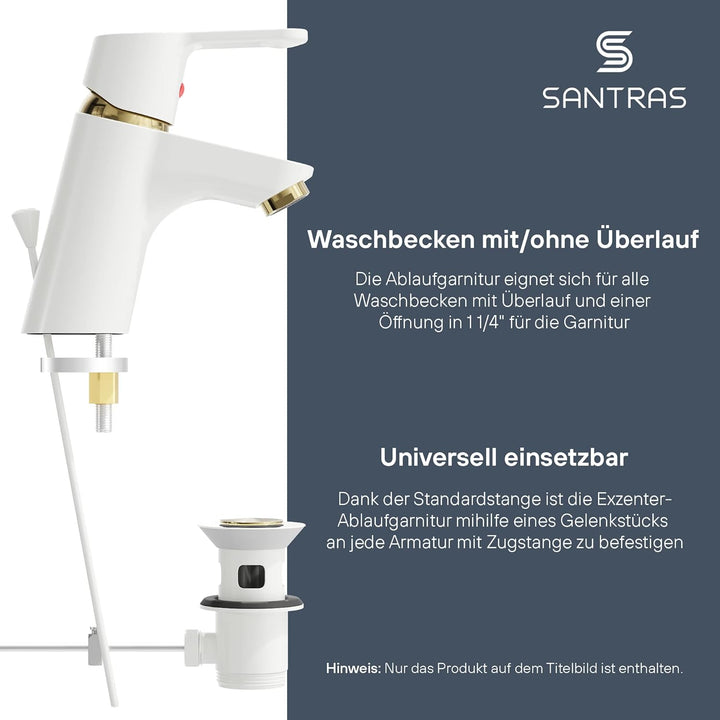 SANTRAS® Exzenter Ablaufgarnitur Premium für Waschtisch mit Schutz vor Überlauf in Weiss/Gold – Komp