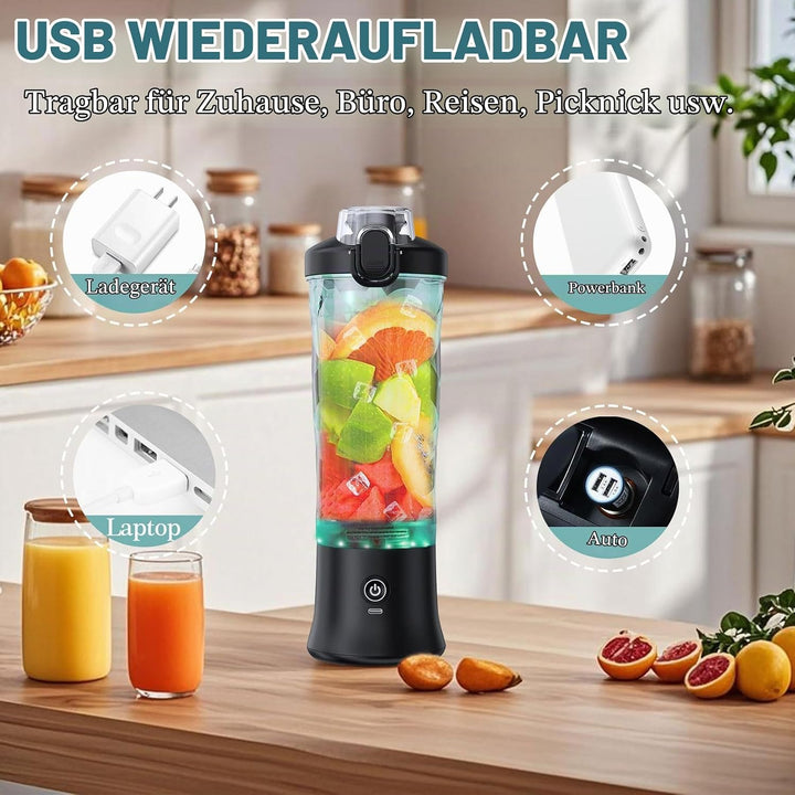 Tragbarer Mixer 600ml Smoothie Maker to Go, Tragbarer Entsafter mit 6 Klinge und USB Wiederaufladbar