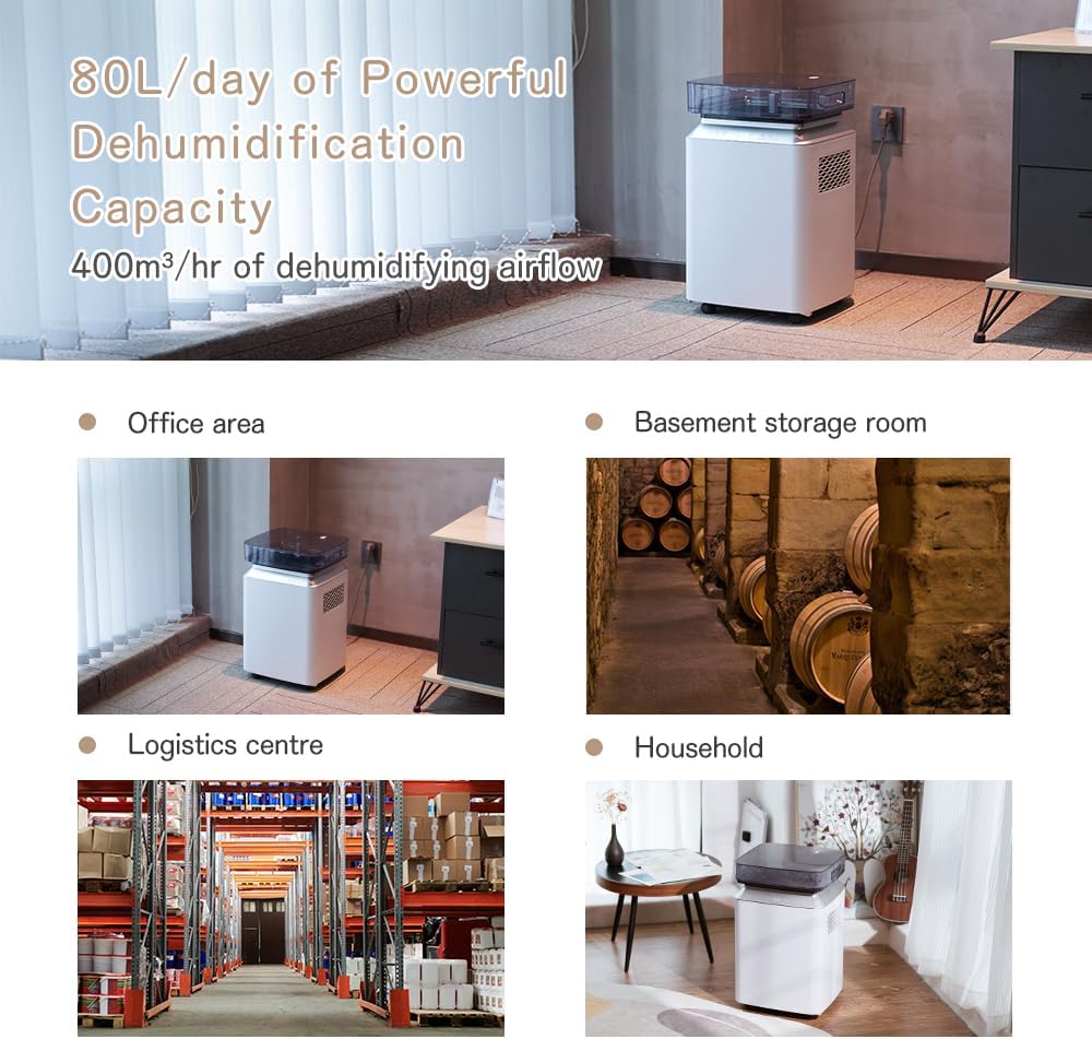 Kalopsia Luftentfeuchter Elektrisch: 80L/Tag für Keller &amp; Wohnung - 8L Tank, 170m², 46dB Leise mit A