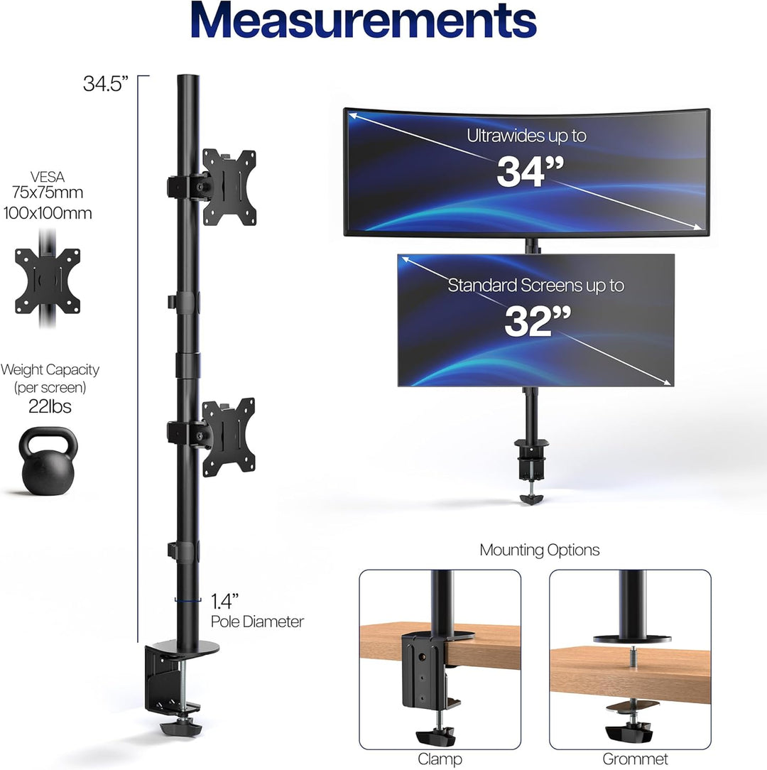 VIVO Dual LCD Monitor Desk Mount Stand Heavy Duty Stacked, Holds Vertical 2 Screens up to 32" (STAND