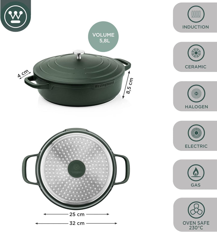 Westinghouse PERFORMANCE SERIES Schmorpfanne mit Deckel, Grosse Bratpfanne 32 cm für Induktion & all