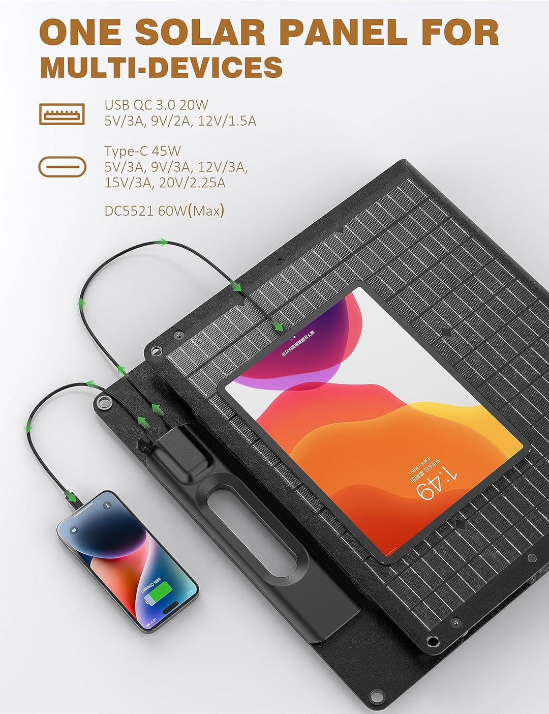 Rophie 60W Solarpanel Faltbare, Tragbarer Solar Panel TragbarerMonokristalline Flexible mit USB/type