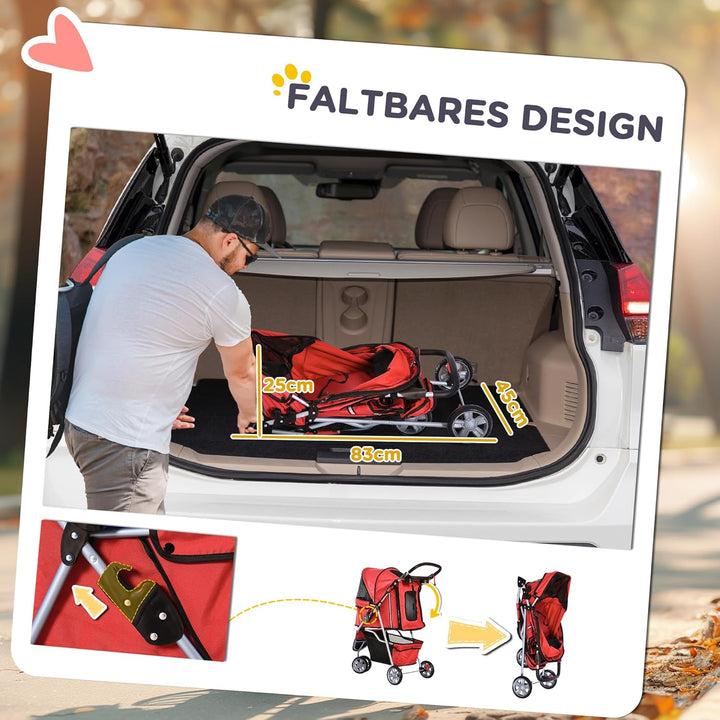 PawHut Hundewagen Hundebuggy Buggy Hunde Katzen Pet Stroller Hunde Buggy Rot Rot 75L x 45B x 97H cm,