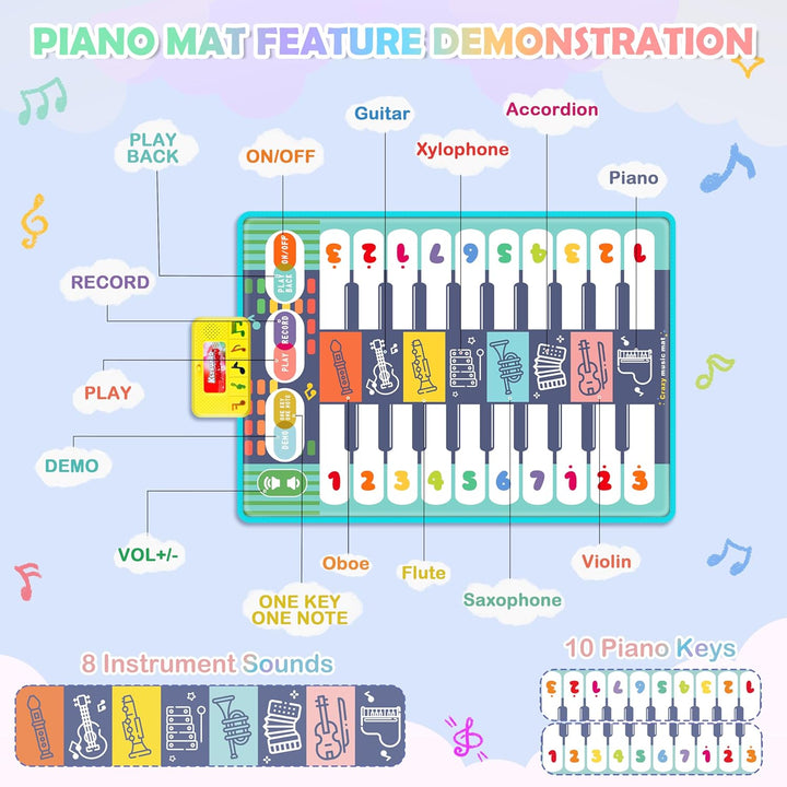 Baby Musikmatte Klaviermatte mit 8 Musikinstrumente, Keyboard Kinder Tanzmatte, Doppelte Piano Matte