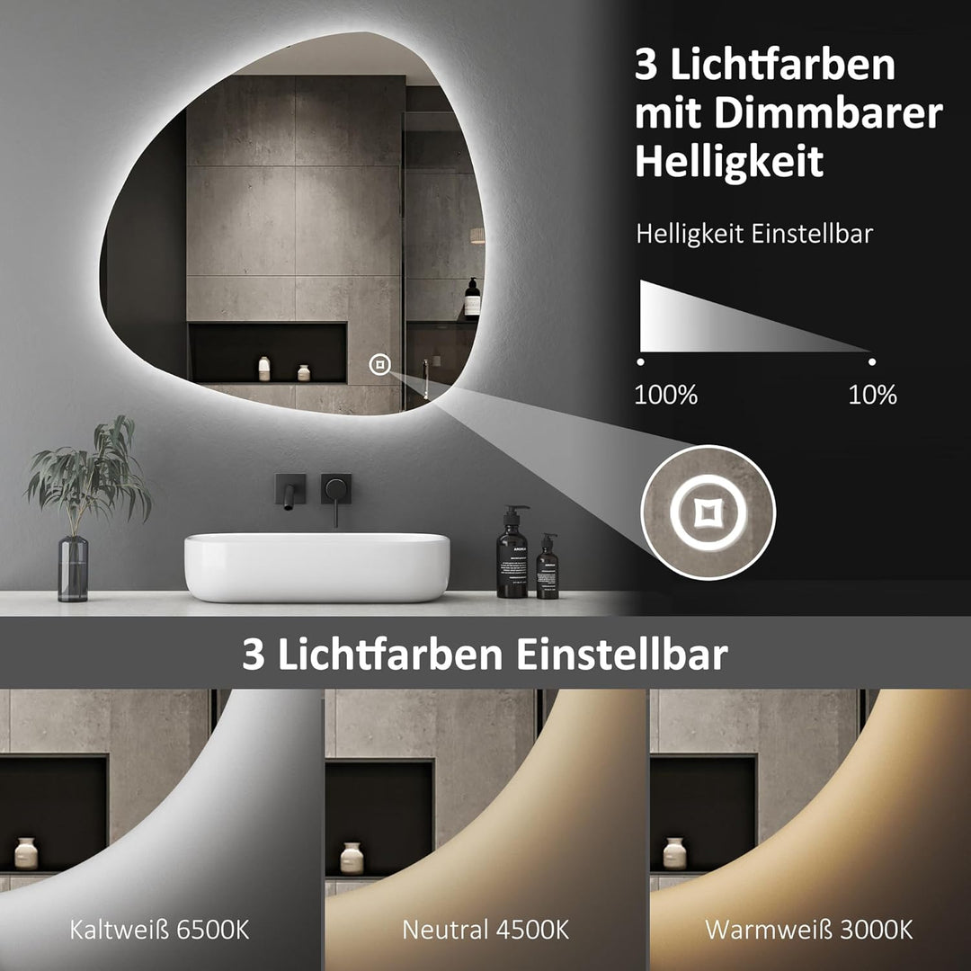 Boromal Unregelmässiger Form Asymmetrischer Spiegel mit Beleuchtung, LED Badspiegel mit Beleuchtung