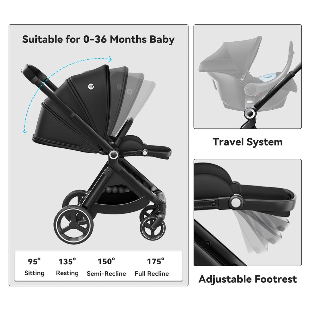 ELITTLE Buggy Gegen Fahrtrichtung(Schwarz),EMU Kinderwagen Faltbar,Buggy bis 25kg, Wendesitz Kinderw