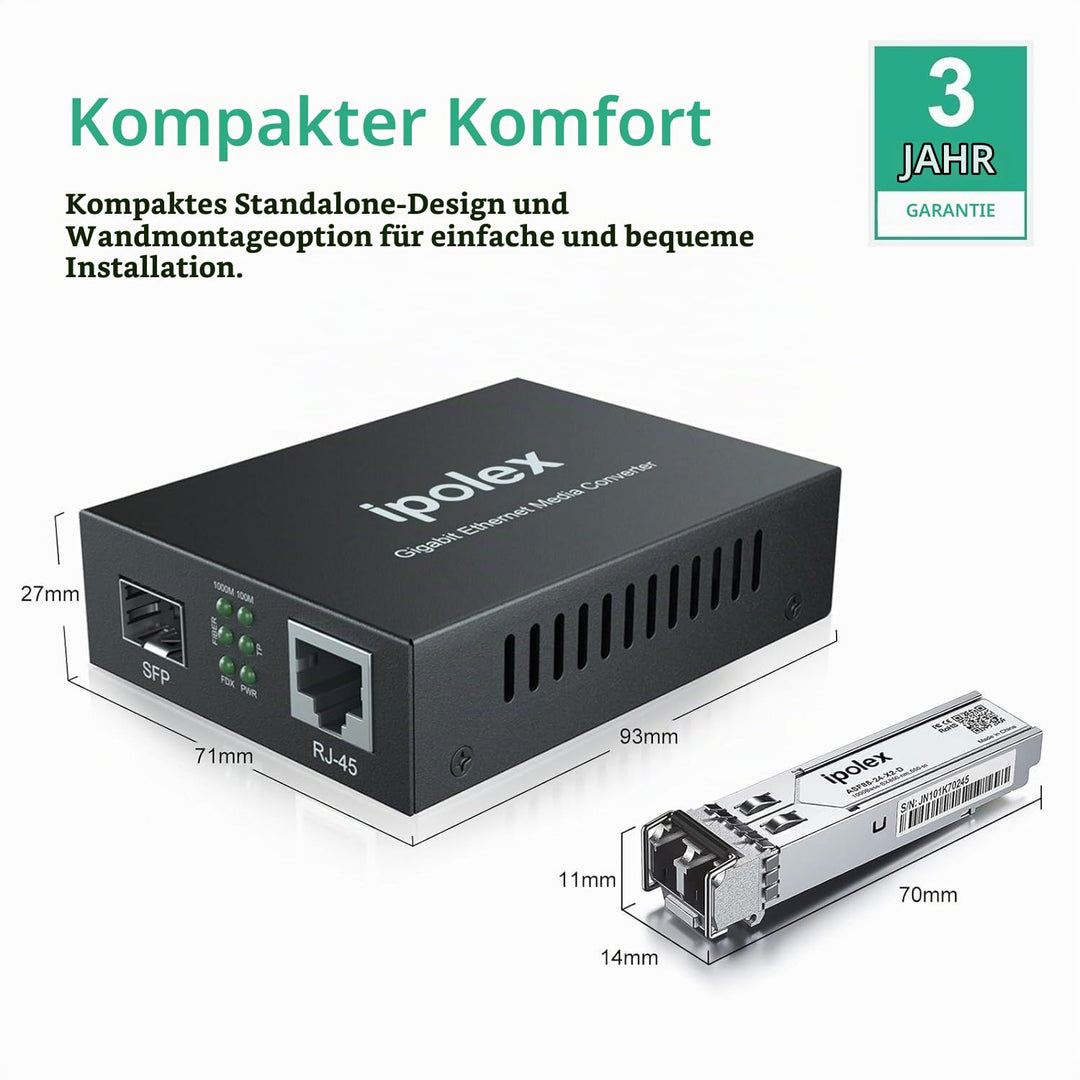 ipolex Gigabit Ethernet Medienkonverter, 1,25G SFP Port Glasfaser Medienkonverter, Multimode LC Medi
