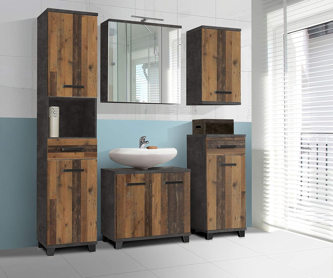 FORTE Veris Kommode mit 1 Tür und 1 Schublade, Holzwerkstoff, Betonoptik Dunkelgrau / Old – Wood Vin