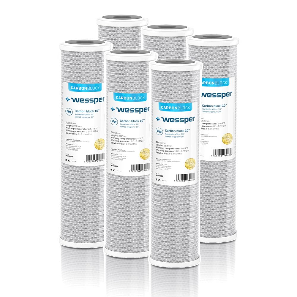 6x Wessper 10" Aktivkohle Filter für Umkehrosmose, Kokos Filterkartusche, Wasserspeiseleitung & Part