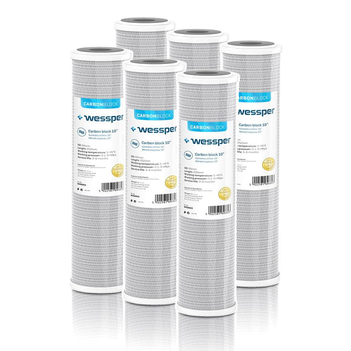 6x Wessper 10" Aktivkohle Filter für Umkehrosmose, Kokos Filterkartusche, Wasserspeiseleitung & Part