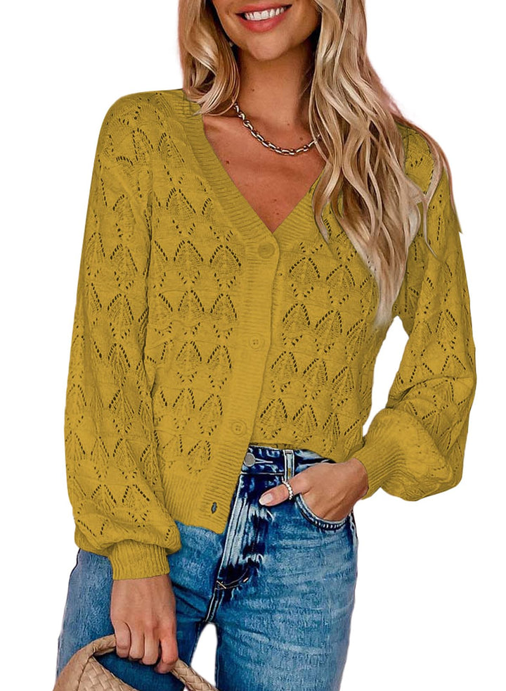 Dokotoo Damen Strickjacke V-Ausschnitt Kurzer Cardigan Elegant Langarm Leichter Strickpullover mit K