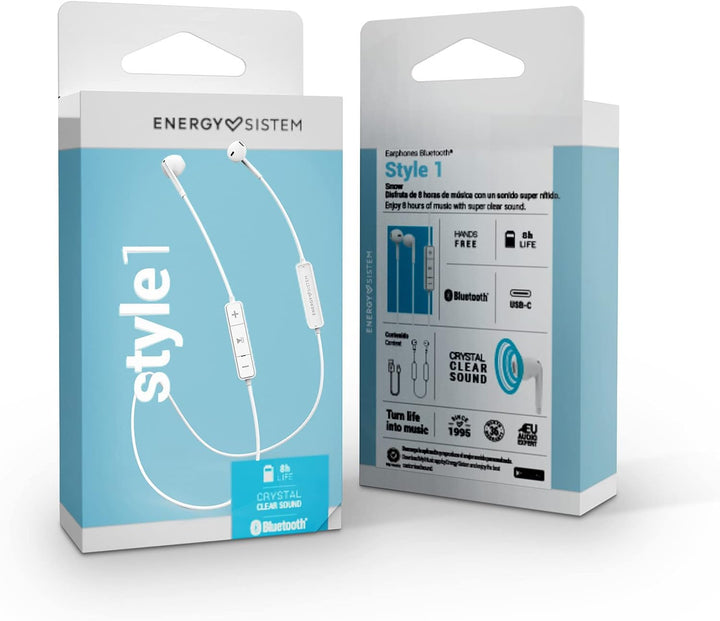 Energy Sistem Earphones Bluetooth Style 1 Snow Kopfhörer mit Mikrofon (Bluetooth 5.1, 8h Akku, Cryst