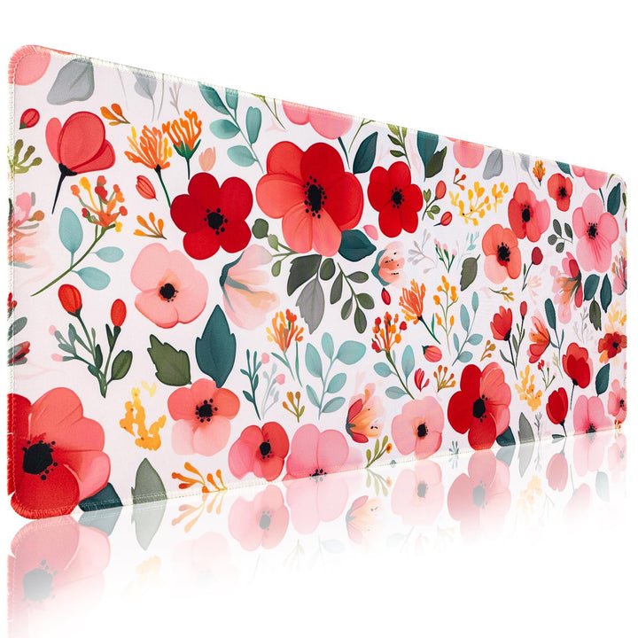 Zindoo Mauspad XXL 900 x 400 mm– Weisses Gaming Mousepad mit Rosa & Roten Blumen – Grosse rutschfest