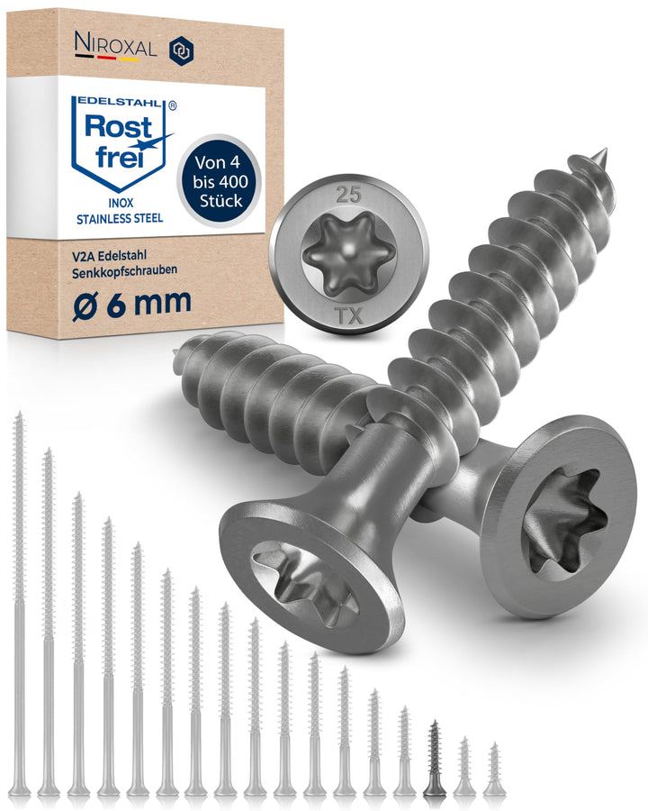 Schrauben Torx Edelstahlschrauben 6x25 Edelstahl V2A rostfrei Spanplattenschrauben für Holz Teilgewi