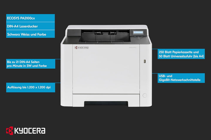 Kyocera Klimaschutz-System Ecosys PA2100cx Laserdrucker. Farblaserdrucker für 21 Seiten pro Minute.
