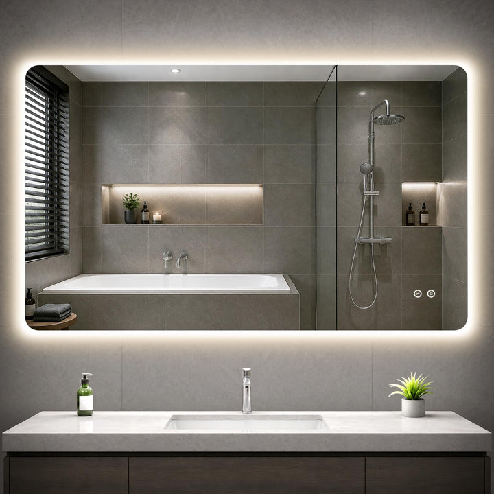 Badspiegel mit Beleuchtung, 100x60cm LED Spiegel mit Licht, 3 Lichtfarben, Dimmbar, Speicherfunktion