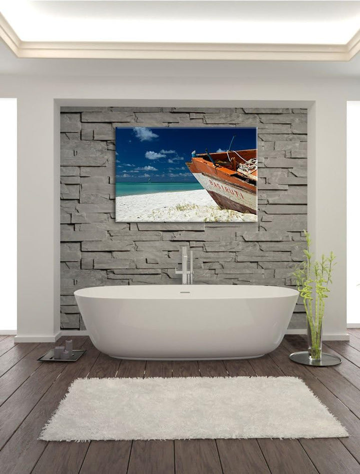 Pixxprint Boot am Strand auf Leinwand, XXL riesige Bilder fertig gerahmt mit Keilrahmen, Kunstdruck