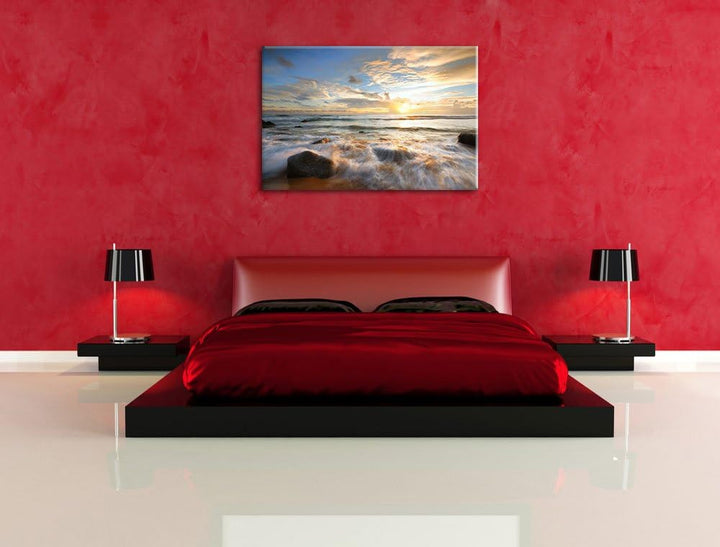 Sonnenuntergang am Meer, Format: 100x70 auf Leinwand, XXL riesige Bilder fertig gerahmt mit Keilrahm