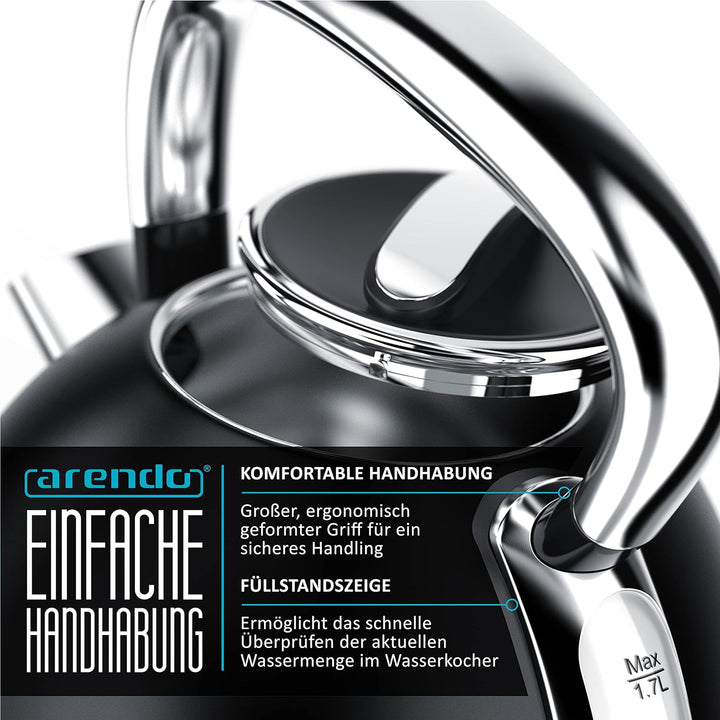 Arendo - Wasserkocher Retro Edelstahl Teekessel im Vintage Style - max. 2200 Watt - austauschbarer K
