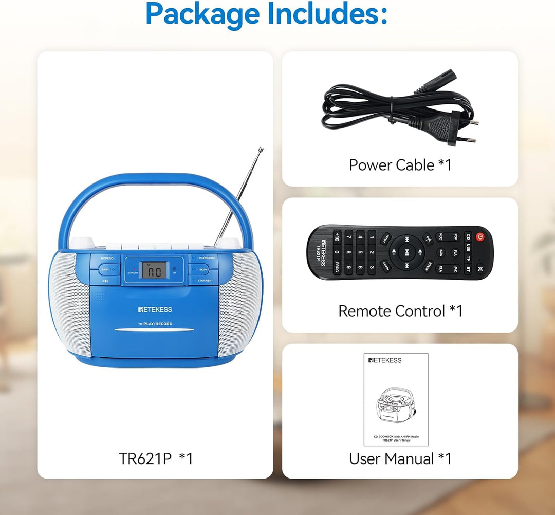 Retekess TR621P CD Player mit Kassette, Kassettenspieler, AM FM Radio, Drahtlose Verbindung, USB/TF/