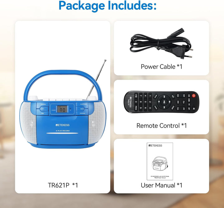 Retekess TR621P CD Player mit Kassette, Kassettenspieler, AM FM Radio, Drahtlose Verbindung, USB/TF/