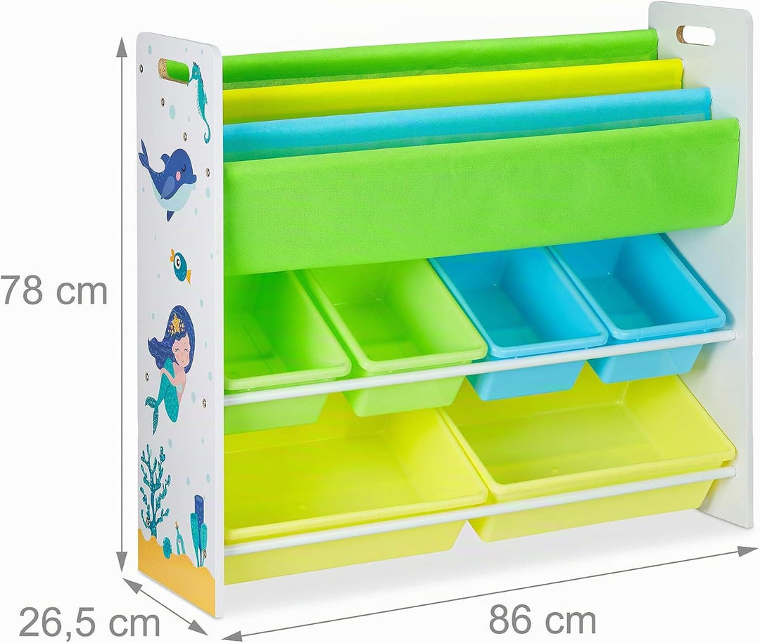 Relaxdays Kinderregal, 6 Boxen, 4 Stofffächer, Meerjungfrau Kindermotiv, Spielzeugregal HxBxT: 78 x