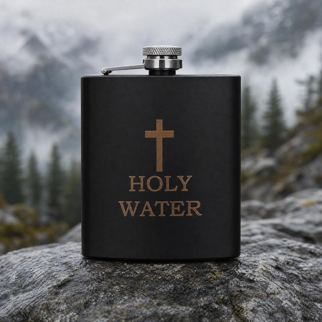 Hemobllo Flachmann Weihwasser Schwarz aus Edelstahl - Lustige Weihwasserflasche mit Kreuz Design - A