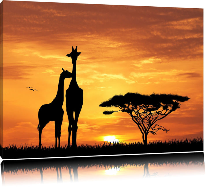 Giraffen im Sonnenuntergang Format: 100x70 auf Leinwand, XXL riesige Bilder fertig gerahmt mit Keilr