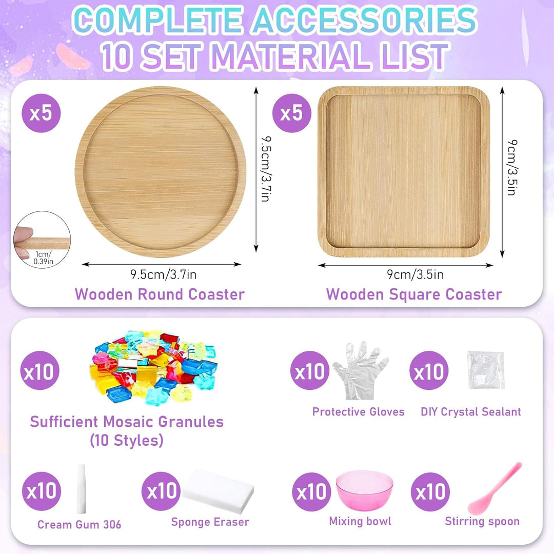 OGMBI 10 Stück DIY Mosaik Untersetzer Bastelset, Bunte Glasfliesen Coaster Set mit Holzuntersetzer,