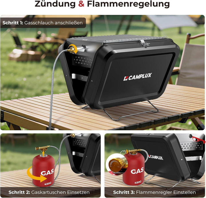 CAMPLUX Tragbarer 2-in-1 Koffergrill, Gas- und Holzkohle-Campingkocher mit 32 x 23,5 cm Rost, klappb