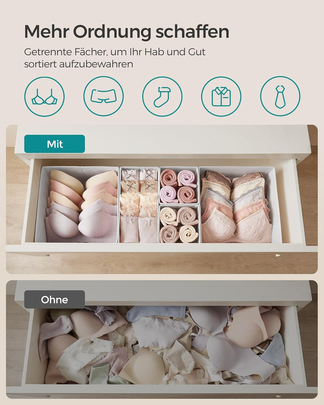 SONGMICS Aufbewahrungsbox für Schublade, 12er Set, Schubladen Organizer, Faltbox, Unterwäsche Organi