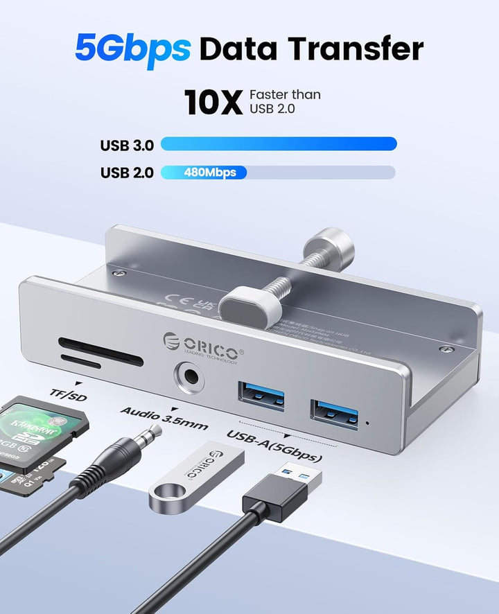 ORICO USB Hub 3.0 Mit SD/TF Kartenleser - 5 in 1 Verteiler Mit 2 USB-A Ports, 3.5 mm Audio, 5Gbps -