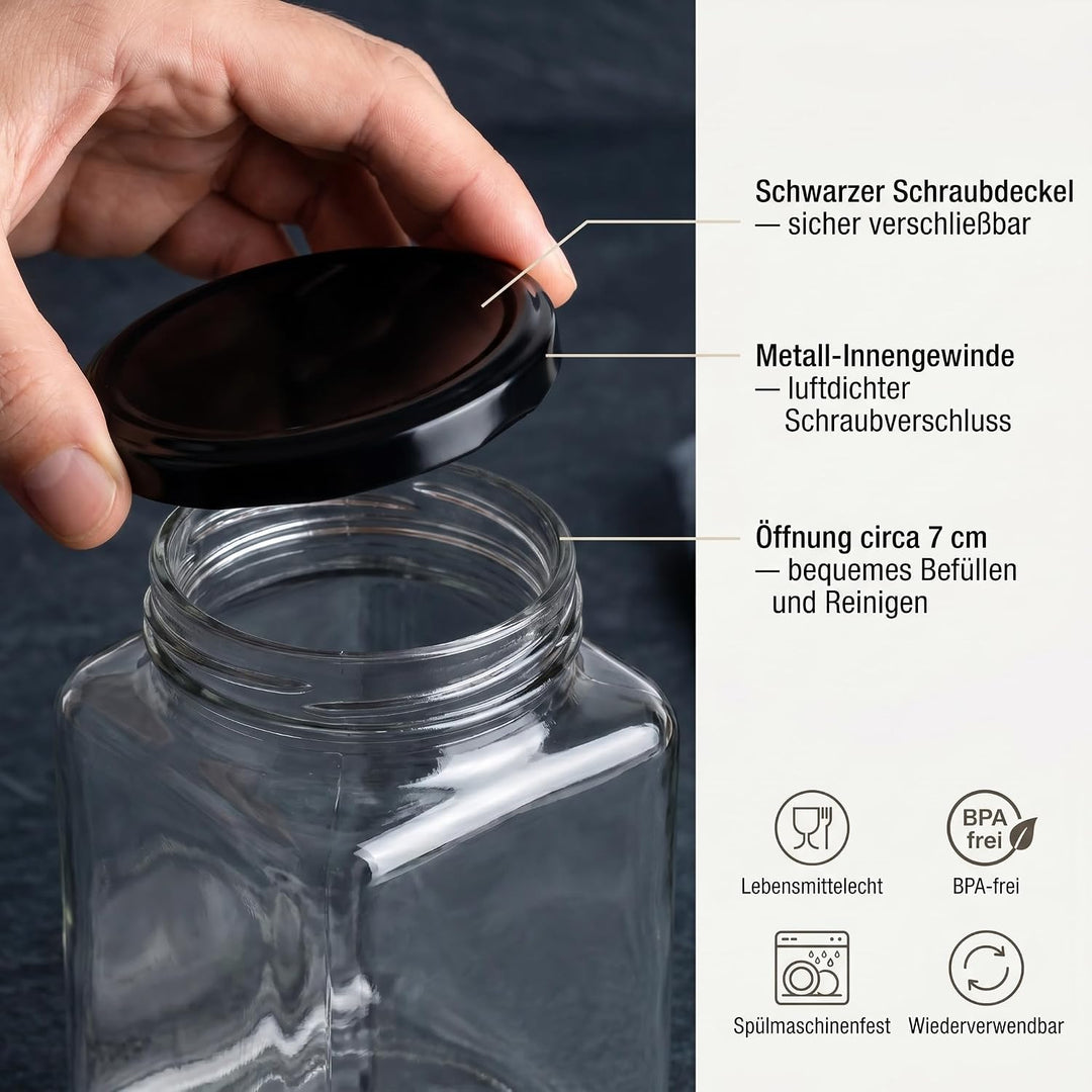 gouveo 6er Set Einmachgläser 730 ml eckig mit Schraub-Deckel schwarz - Grosse Vorratsgläser mit Dreh