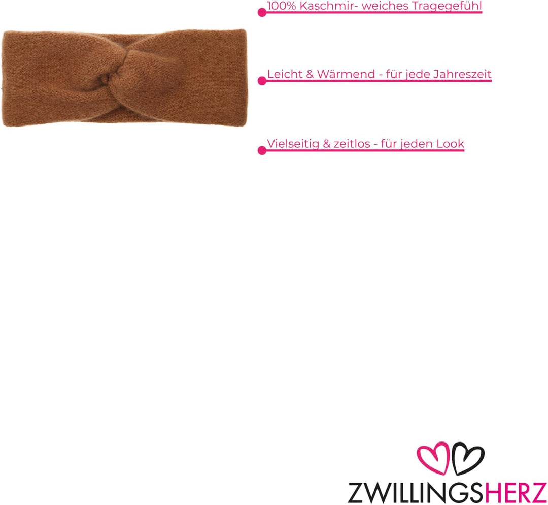 Zwillingsherz Stirnband mit Schleife und Kaschmir - Hochwertiges Strick-Kopfband für Damen Frauen Mä