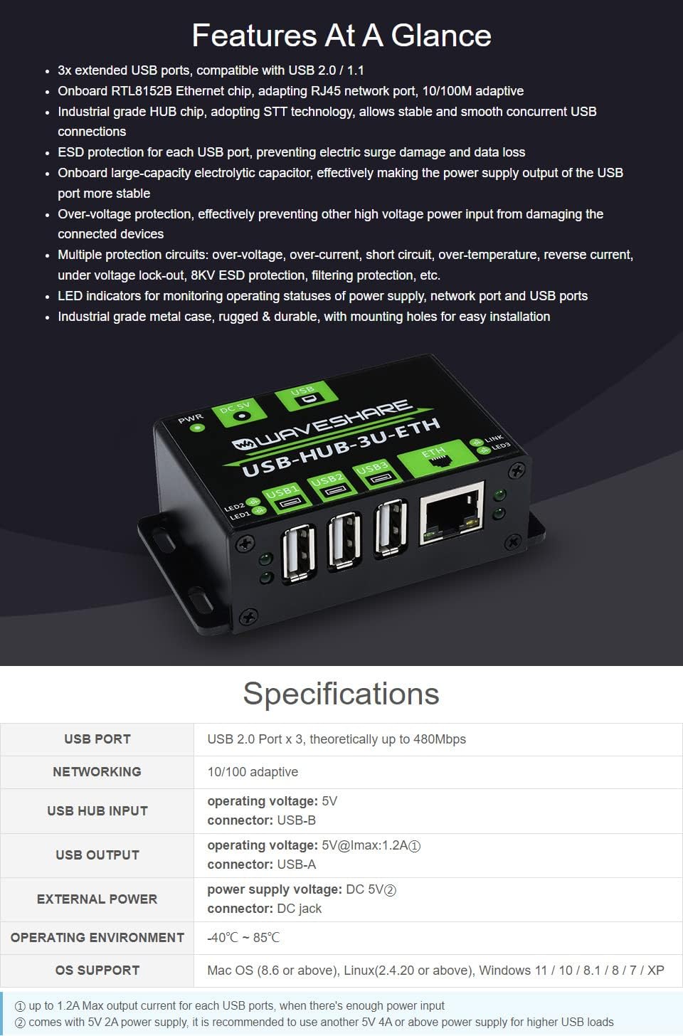 Waveshare Industrial Grade Multifunctional USB HUB Extending 3X USB Ports + 100M Ethernet Port Suita