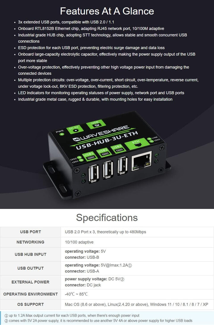 Waveshare Industrial Grade Multifunctional USB HUB Extending 3X USB Ports + 100M Ethernet Port Suita