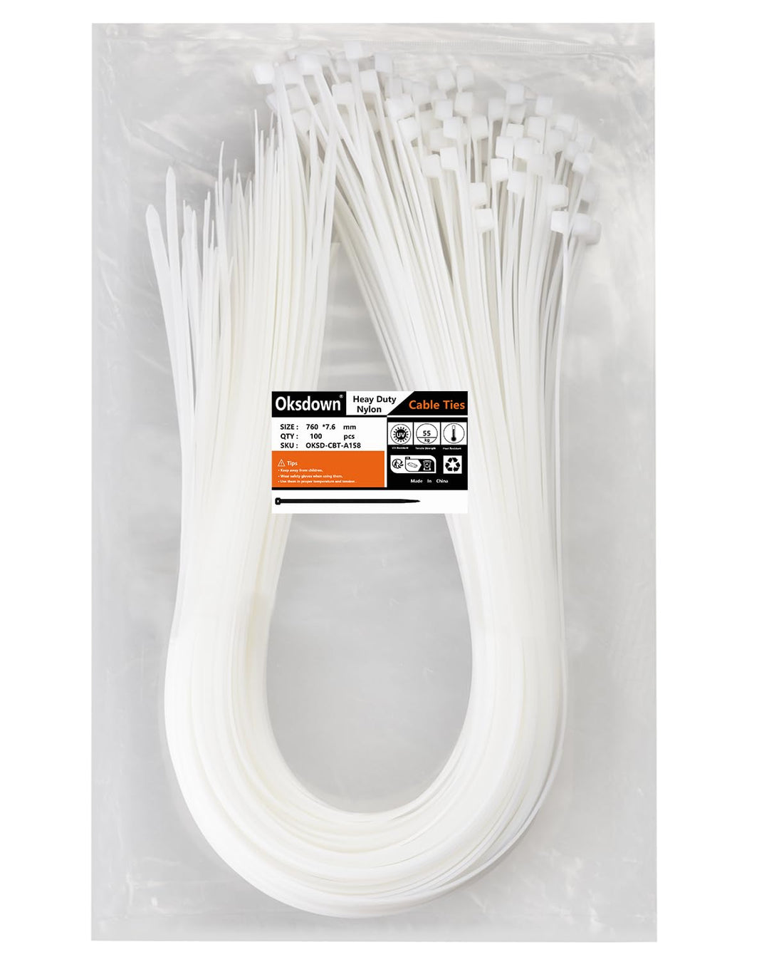 Oksdown 760mm × 7,6mm Breit 100 Stück Stark Kabelbinder mit 55 kg Zugfestigkeit weiss UV-Beständig G