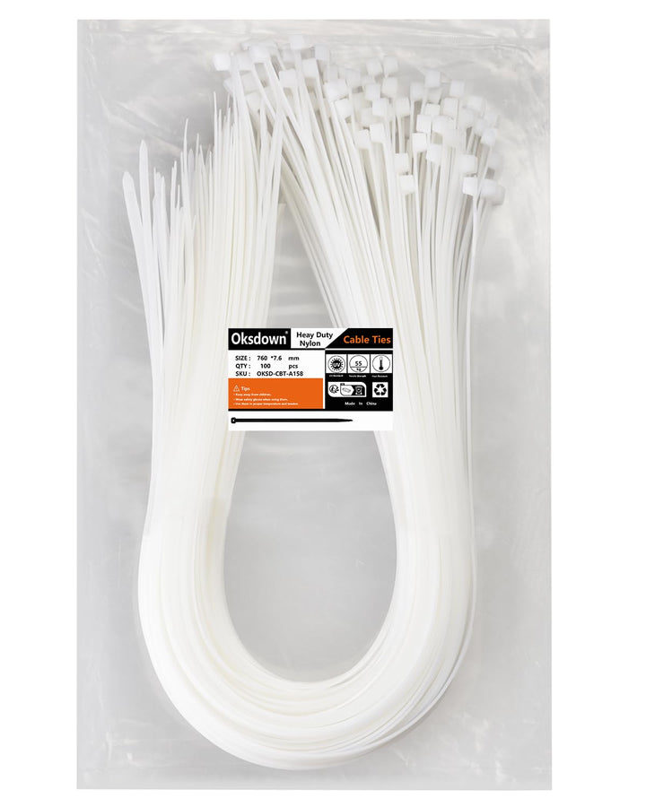 Oksdown 760mm × 7,6mm Breit 100 Stück Stark Kabelbinder mit 55 kg Zugfestigkeit weiss UV-Beständig G