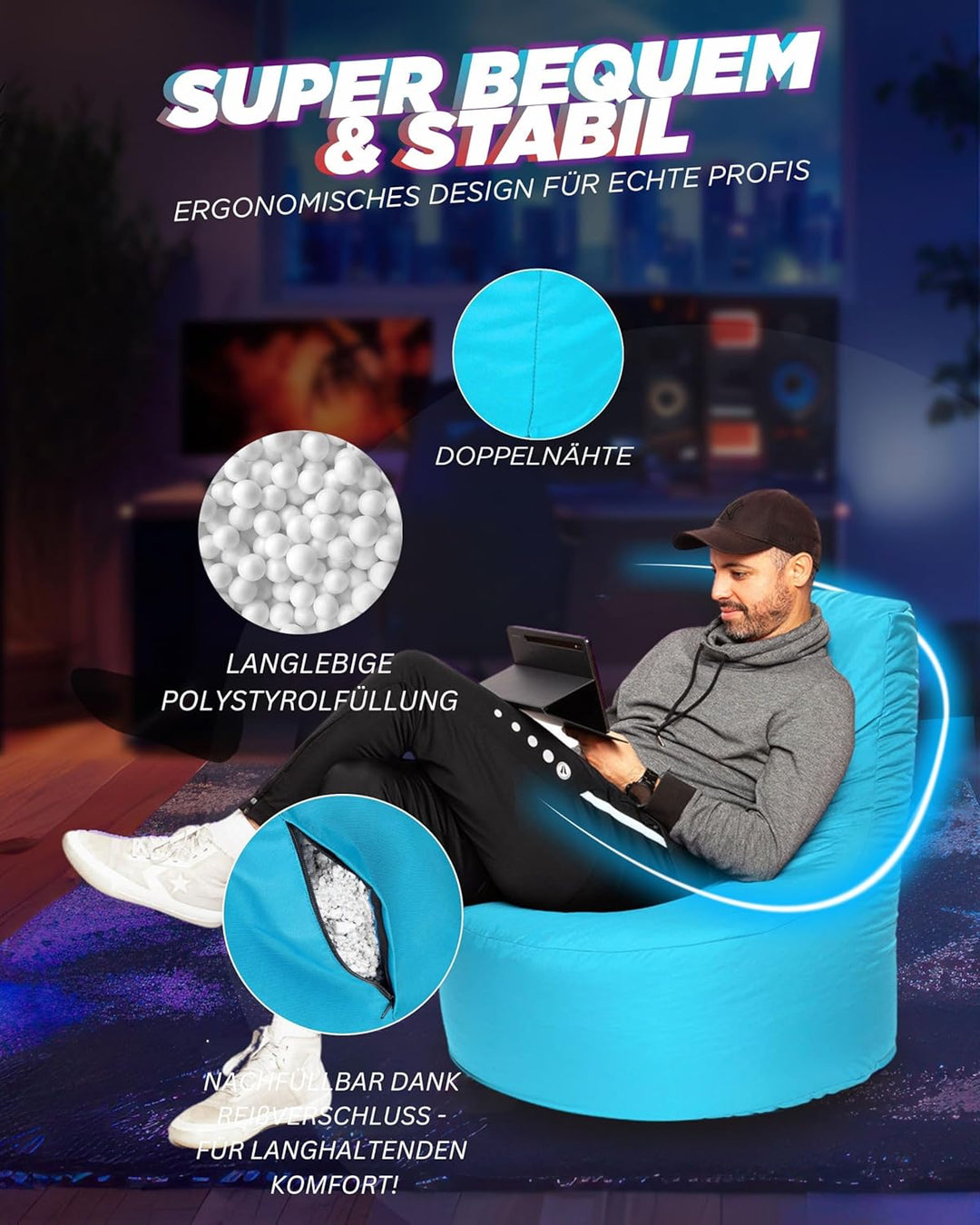 PATCH HOME Gamer Kissen & Lounge Sitzsack Sessel Sitzkissen Sitzsäcke Gaming, befüllbar mit Reissver