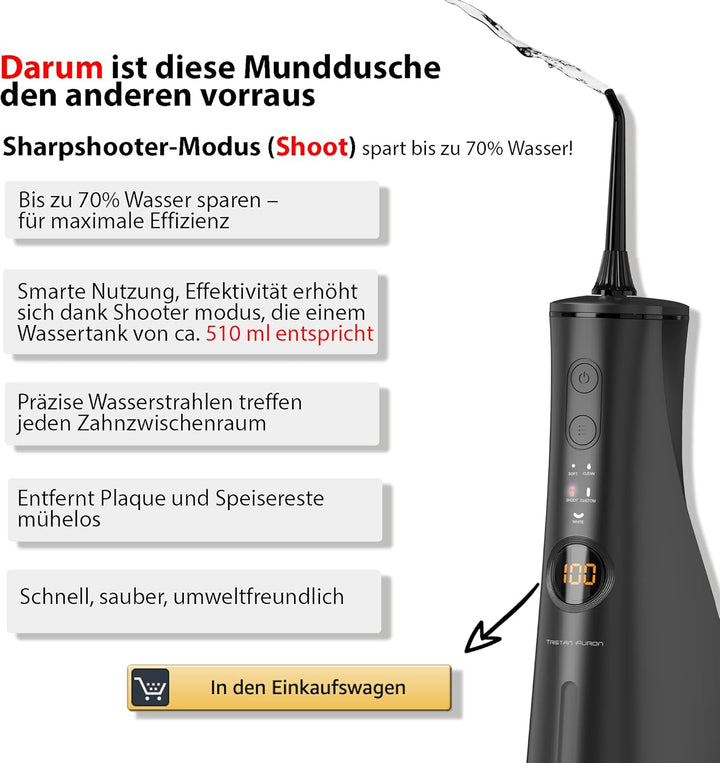 Tristan Auron Munddusche – 2 Ersatzdüsen und Reisetasche, 5 Modi, 8 Druckstufen inkl. Shoot Modus, 3