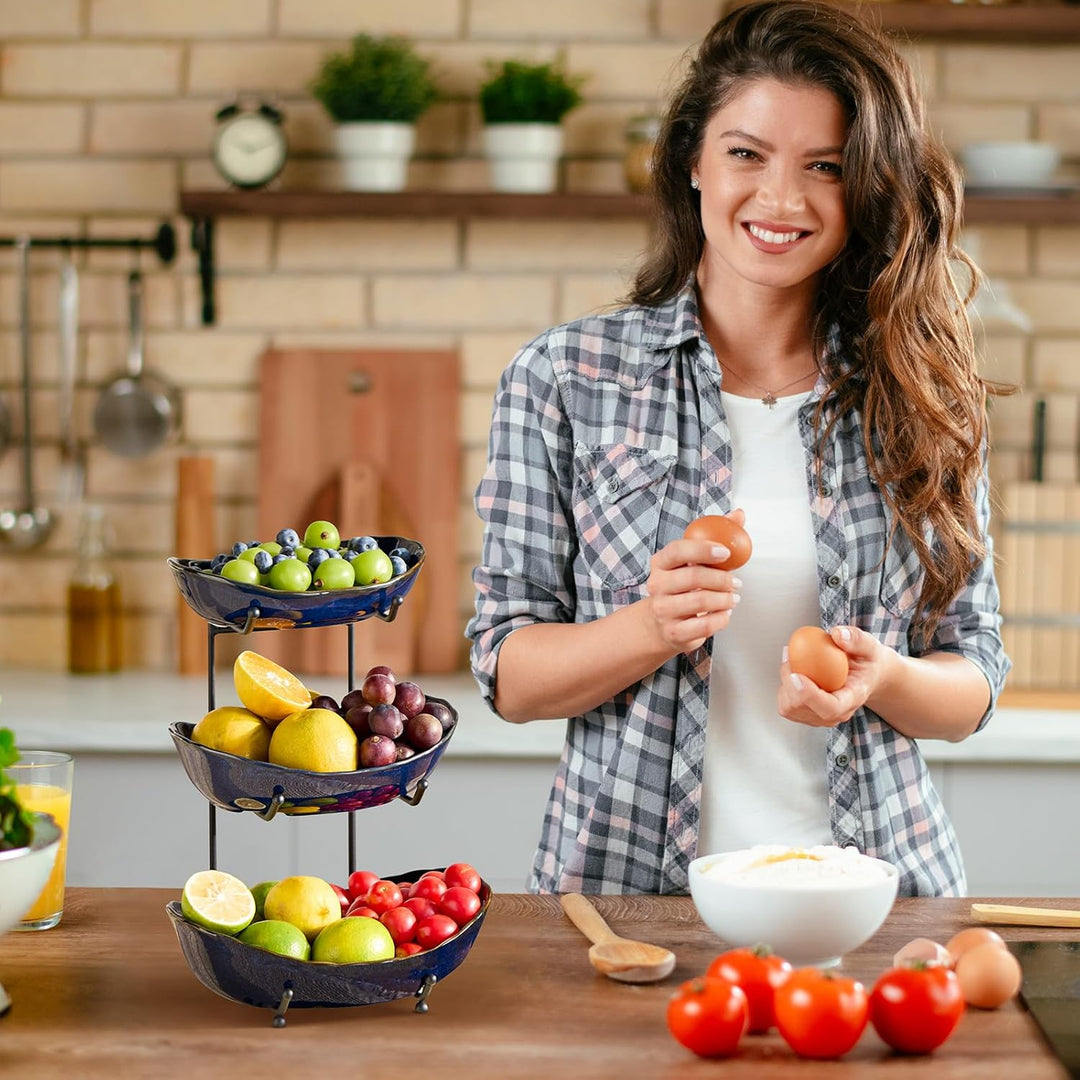 DUJUST Obst Etagere 3 Etagen, 3-stöckige Keramik Obstschale Modern mit Ofengebrannter Glasur, Platzs