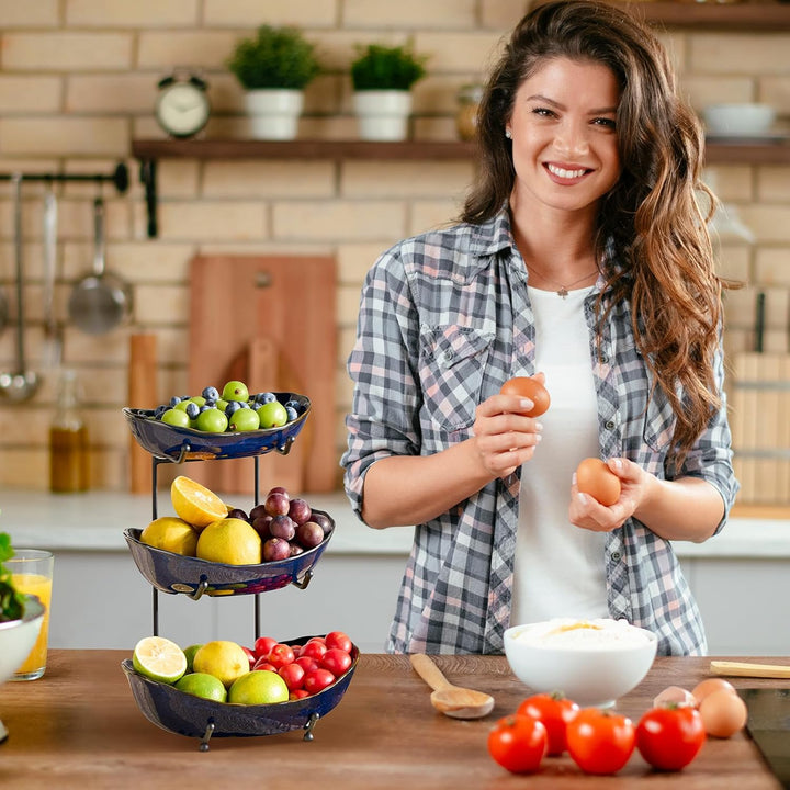 DUJUST Obst Etagere 3 Etagen, 3-stöckige Keramik Obstschale Modern mit Ofengebrannter Glasur, Platzs