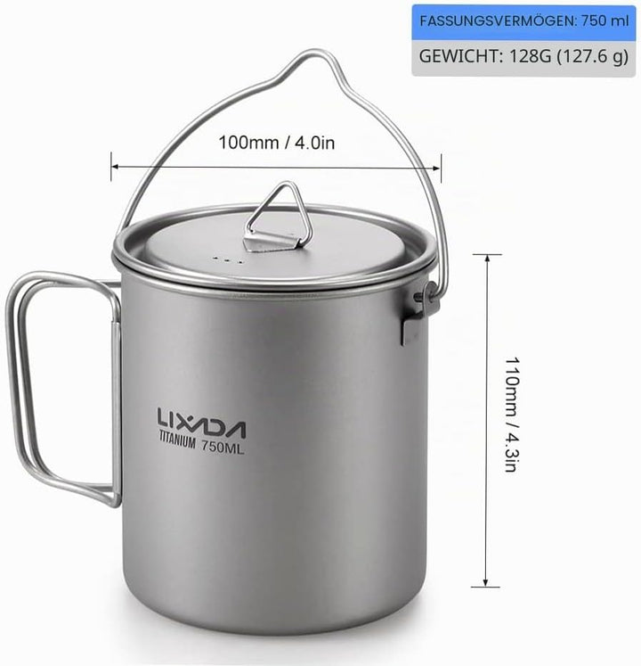 Lixada Titanium Cup Topf, Ultraleicht, tragbar, zum Aufhängen, mit Deckel und Griff, faltbar, für Ca