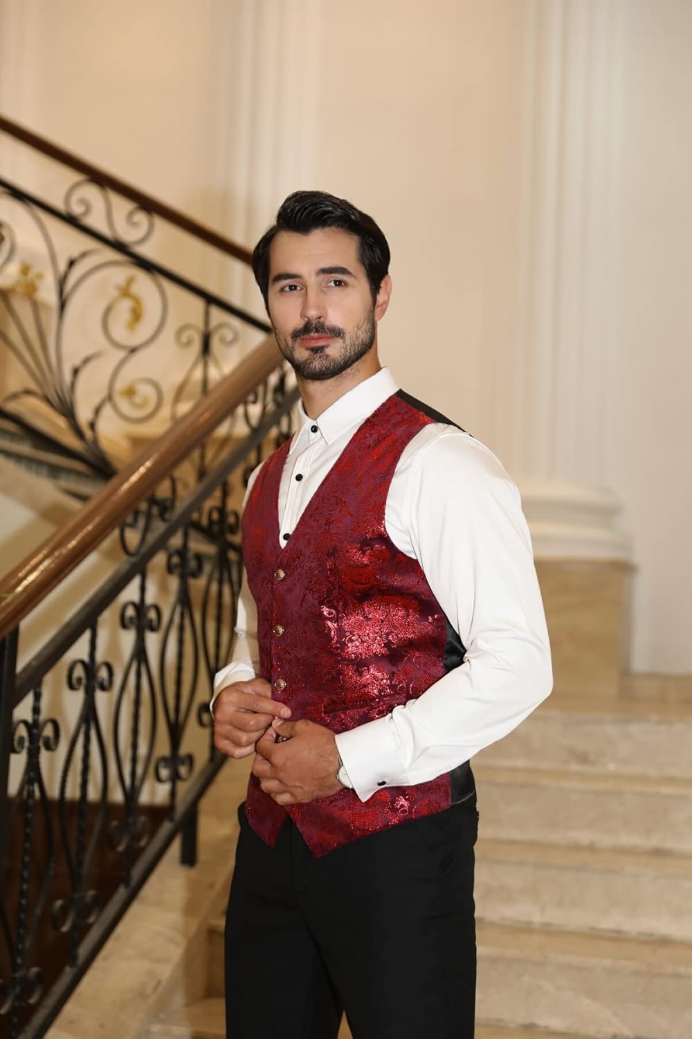 Allthemen Weste Herren Westen Gilet Jacquard Anzugweste für Hochzeit und Party M Rot1, M Rot1