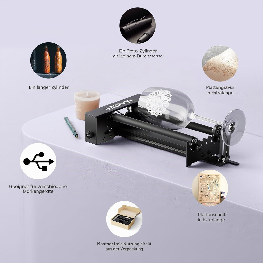 LONGER Rotationsgerät für Laser-Gravur – 360° Drehteller mit Y-Achse &amp; Halterung, zum Gravieren von