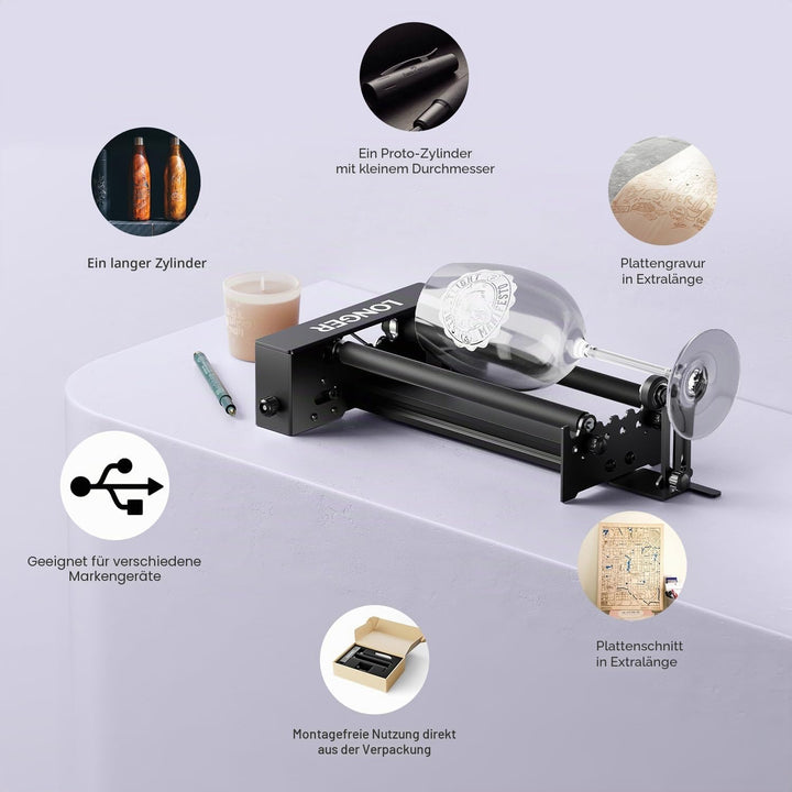 LONGER Rotationsgerät für Laser-Gravur – 360° Drehteller mit Y-Achse &amp; Halterung, zum Gravieren von