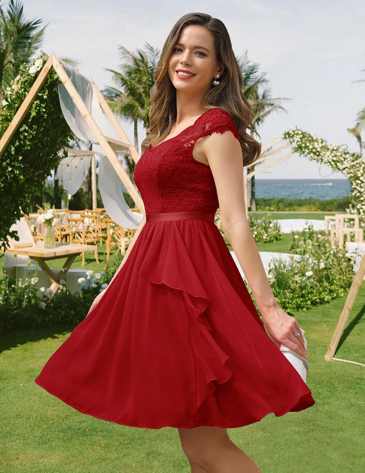 Wedtrend Cocktailkleid Damen Knielang Abendkleid Elegant für Hochzeit Elegant A Linie Rüschenkleid R