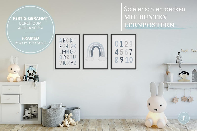 Papierschmiede® Kinderbilder 3er Set Lernposter, A4 gerahmt in Holzrahmen (schwarz), Geschenk für Ju