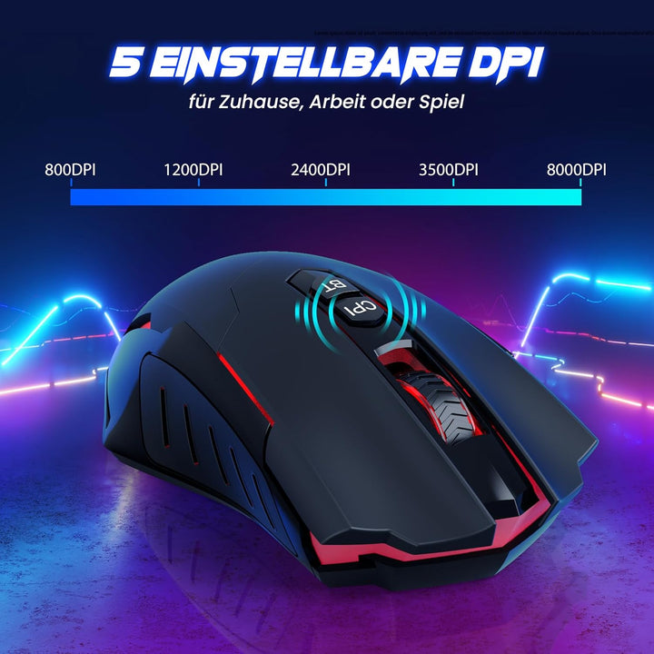 RisoPhy Gaming Maus Kabellos, Gaming Mouse Wireless mit 7 Programmierbare Tasten und 5 Einstellbare