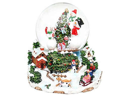 Dekohelden24 Schneekugel, Tannenbaum mit Schneemänner, mit Schneewirbel, Sound und Licht, Masse H/B/